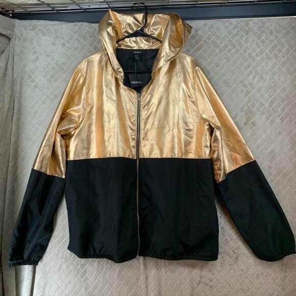 Forever 21 Womens 2X Jacket Black Gold Metallic Hooded Lightweight - Picture 1 of 15